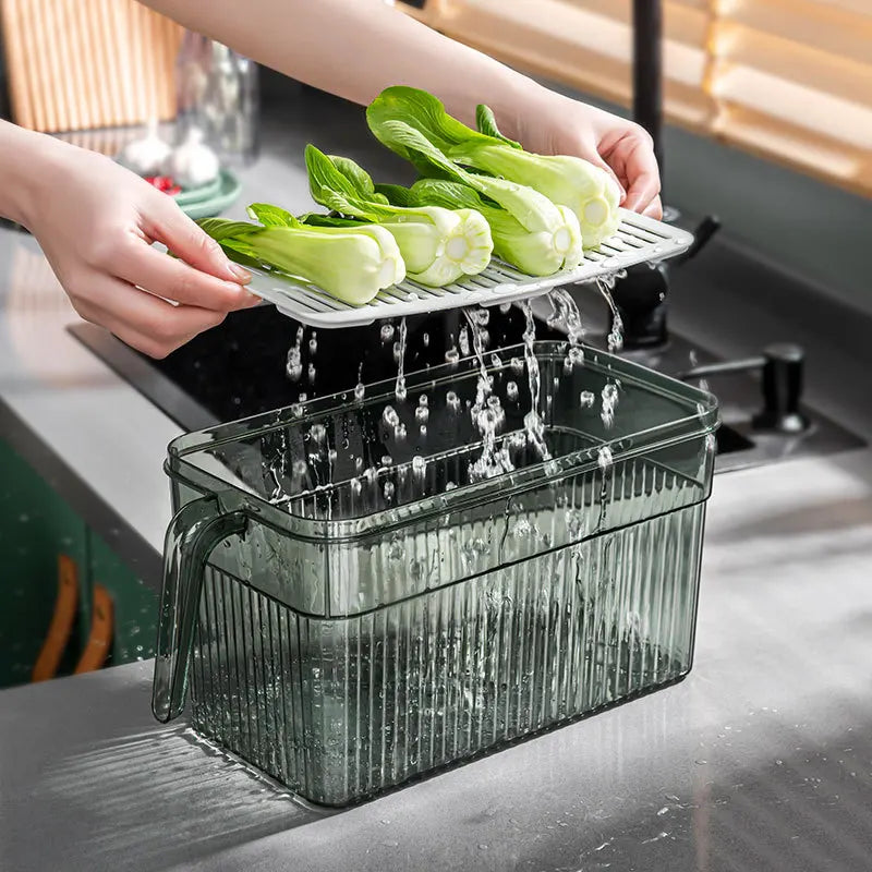 BPA-Free Sealed Refrigerator Container, Kitchen Produce Storage Box with Drain Basket & Date Timer,