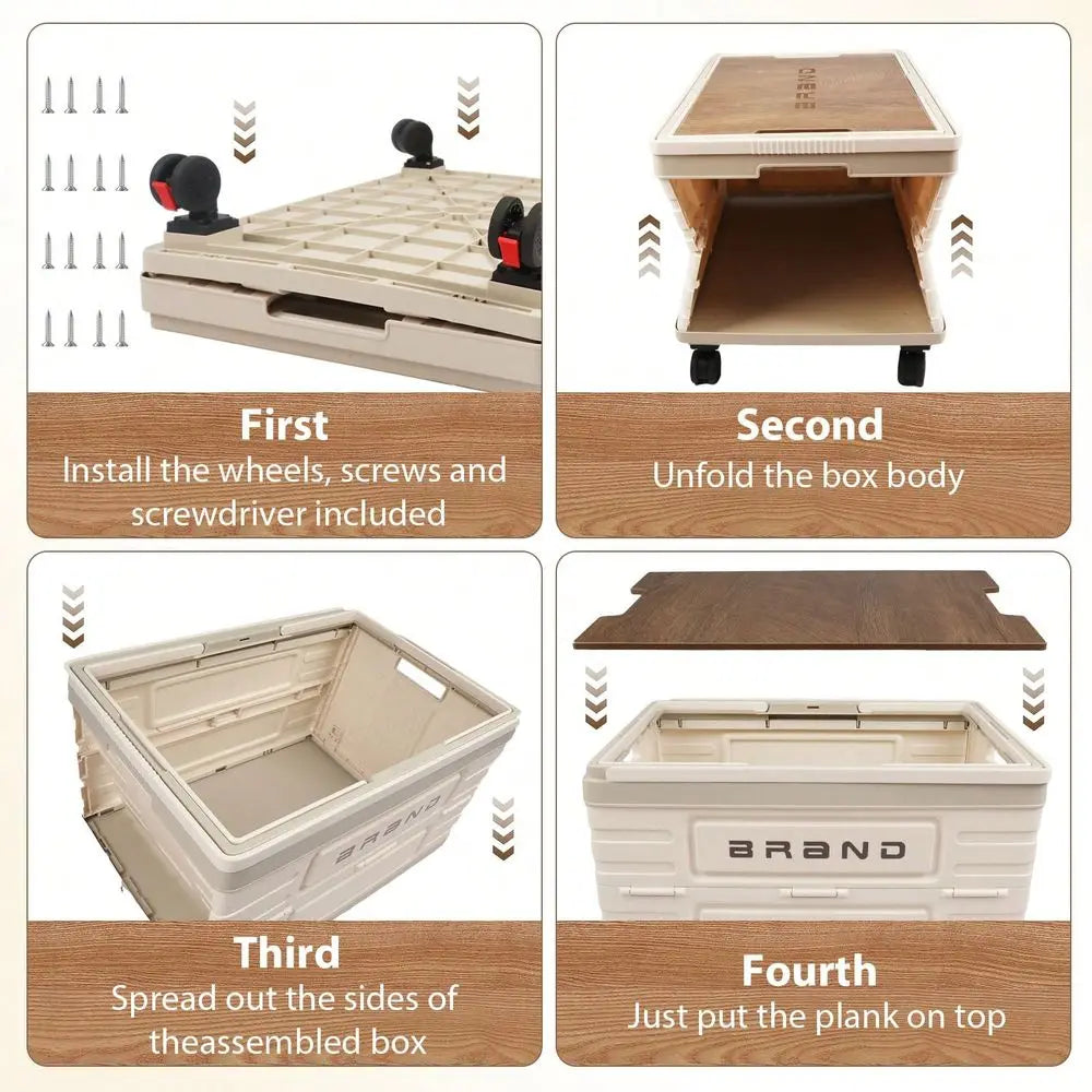 Utility Cart Portable Rolling Crate Handcart Shopping Trolley Collapsible Tool Box With Wooden Lid, Basket On 4 Rotate Wheels,