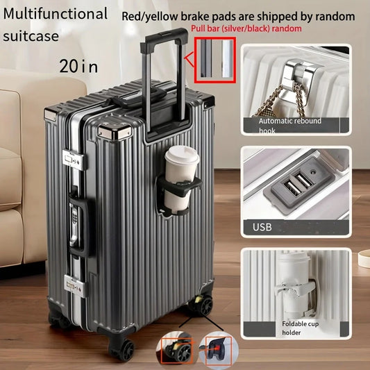 Carry On Luggage -With Aluminum Frame - 20 Inch PC Hard Shell Suitcase - With Cup Holder & USB Port And TSA Locks