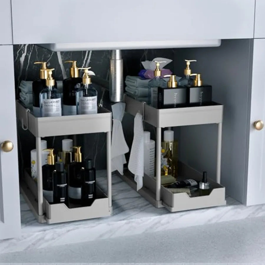 Under Sink Organizer 2 Pack, Bathroom Cabinet Organizer, 2 Tier Sliding Cabinet Basket Organizer Drawer, Multi-Purpose Bath Col