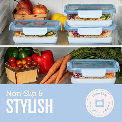 10-Piece Glass Meal Prep Containers with Silicone Boot & Airtight Lids, Dishwasher/Microwave/Freezer Safe, Halogen Blue