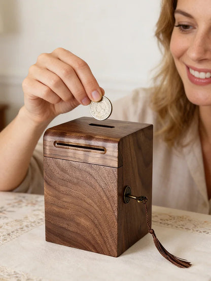 Wooden Piggy Bank with Key Fringe Lock Creative Bulk Coin Can Multi-Purpose Household Money Saving Box for Adults & Kids