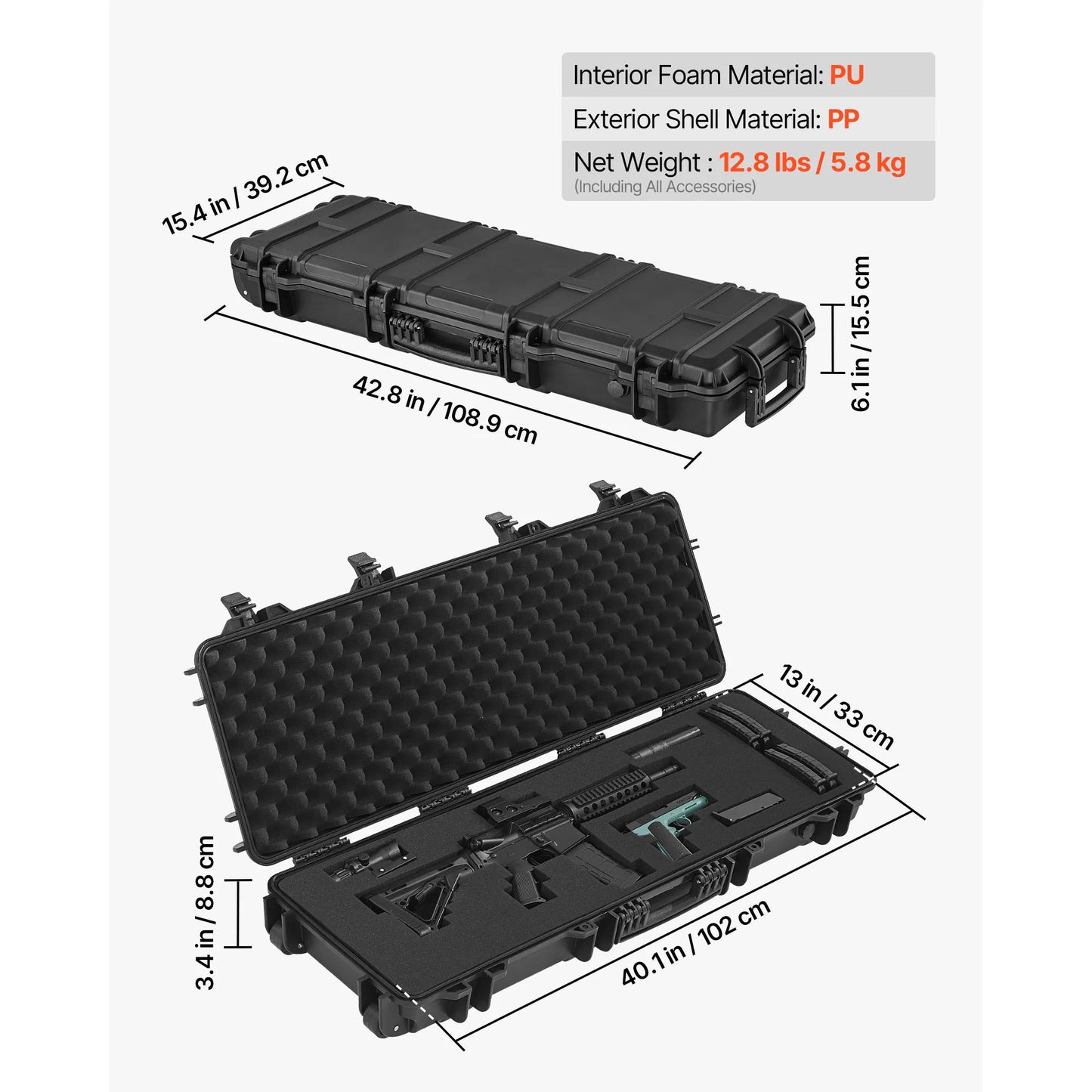SucceBuy Hard Rifle Case Lockable Rifle Case with Pre-cut Foams Wheels IP67 Waterproof Pistol Storage Cases for Rifles Shotguns