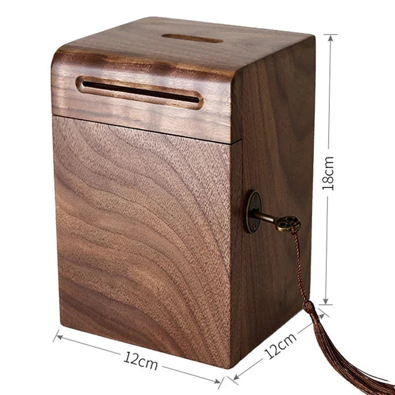 Piggy Banks for Adults, Solid Wood Money Bank, Walnut Handmade Money Saving Box with Lock, Wooden Safe Coin Jar, Home Decoration