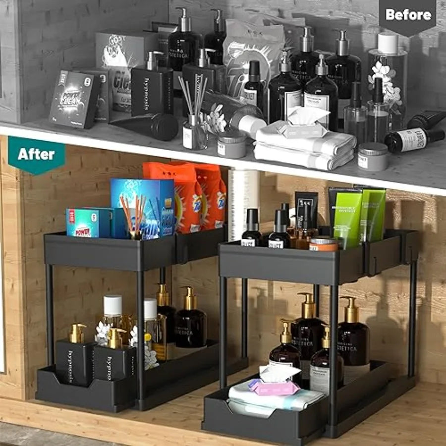 Under Sink Organizer 2 Pack, Bathroom Cabinet Organizer, 2 Tier Sliding Cabinet Basket Organizer Drawer, Multi-Purpose Bath Col