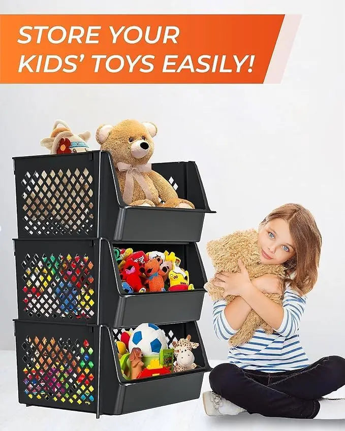 6 Pack Large Stacking Bins Open Front Kitchen and Bathroom Organization, Black Plastic Storage Containers