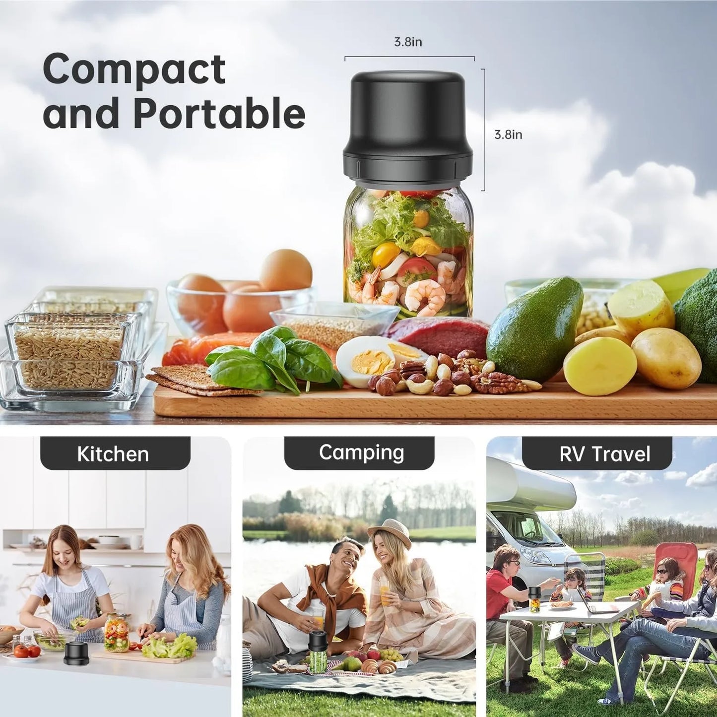 Electric Mason Jar Vacuum Sealer kit for Food Storage, with Regular and Wide Mouth Mason Jar Lids, Black