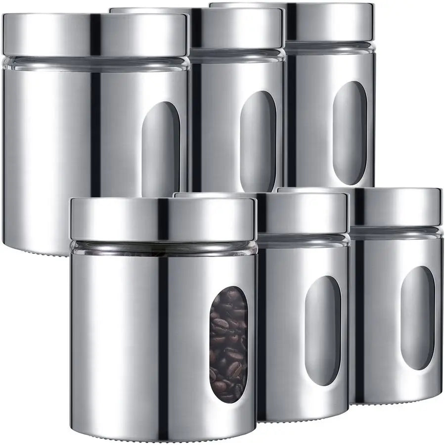 6 Pack Kitchen Canisters Set Airtight Coffee Sugar Tea Candy Storage Jars with Window Glass Stainless Steel Containers with Lids
