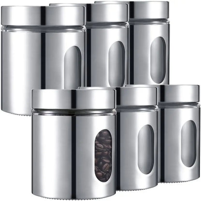 6 Pack Kitchen Canisters Set Airtight Coffee Sugar Tea Candy Storage Jars with Window Glass Stainless Steel Containers with Lids