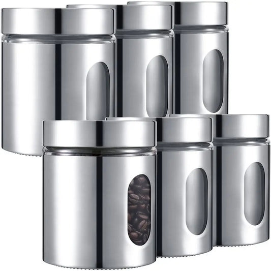 6 Pack Kitchen Canisters Set Airtight Coffee Sugar Tea Candy Storage Jars with Window Glass Stainless Steel Containers with Lids