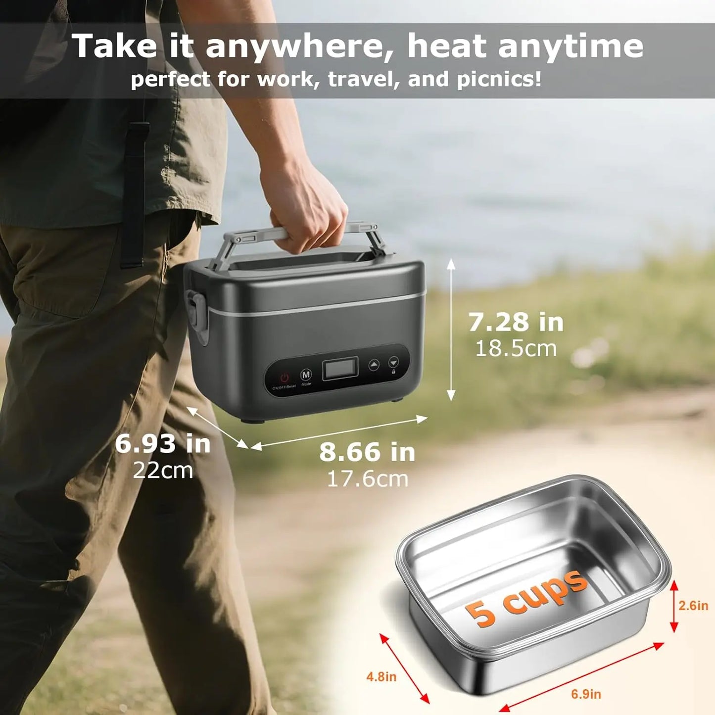 1.2L Cordless Electric Lunch Box with 5-Sided Heating, Auto Temp Control, Leakproof & BPA-Free for Office, Truck, Outdoors
