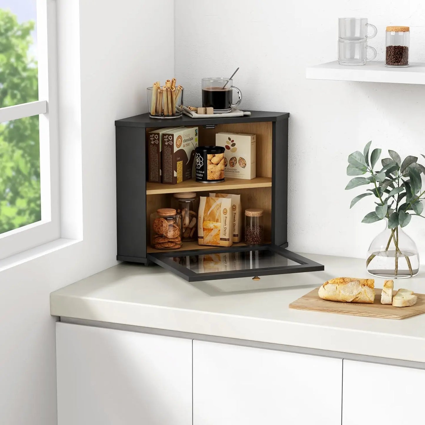 Black Two-Layer Bread Box for Kitchen Countertop, Under Cabinet Mount, Large Storage Container for Homemade Bread