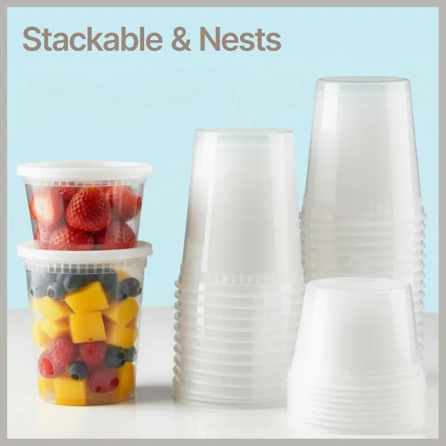 Bakken Plastic Deli Containers with Lids 8oz 100 Pack Leak-Proof Food Storage for Soup Meal Prep Slime Stackable Freezer Microw