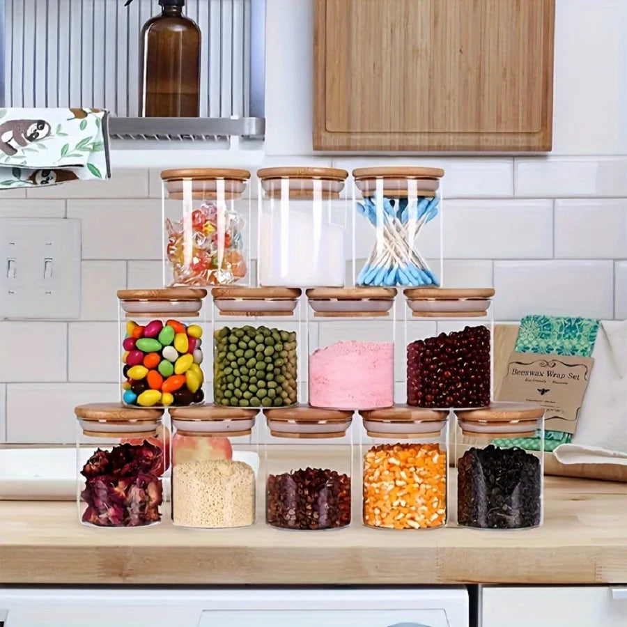 Bamboo Lid Glass Spice Jar Set Of 12,Candy,Storage,Kitchen Glass Sealed Can,Seasoning Container With Wooden Lid,Candy,Food Jar