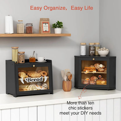 Black Two-Layer Bread Box for Kitchen Countertop, Under Cabinet Mount, Large Storage Container for Homemade Bread