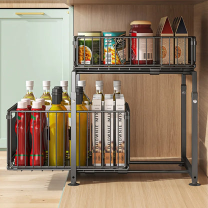 2-Tier Slide Out Under Sink Organizer - Heavy Duty Adjustable Metal Kitchen Bathroom Cabinet Storage Shelf, 1 or 2 Pack