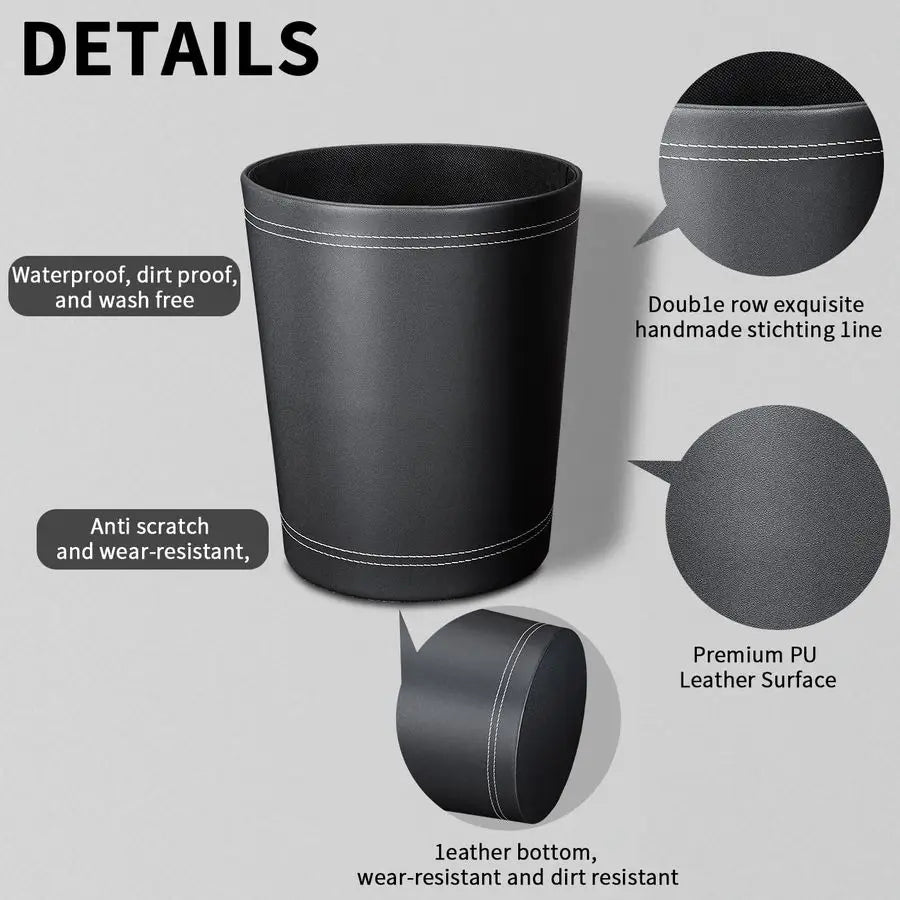 Pack Black Round PU Leather Wastebasket, Trash Basket, Garbage Can Container Bins for Bathrooms