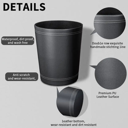 Pack Black Round PU Leather Wastebasket, Trash Basket, Garbage Can Container Bins for Bathrooms