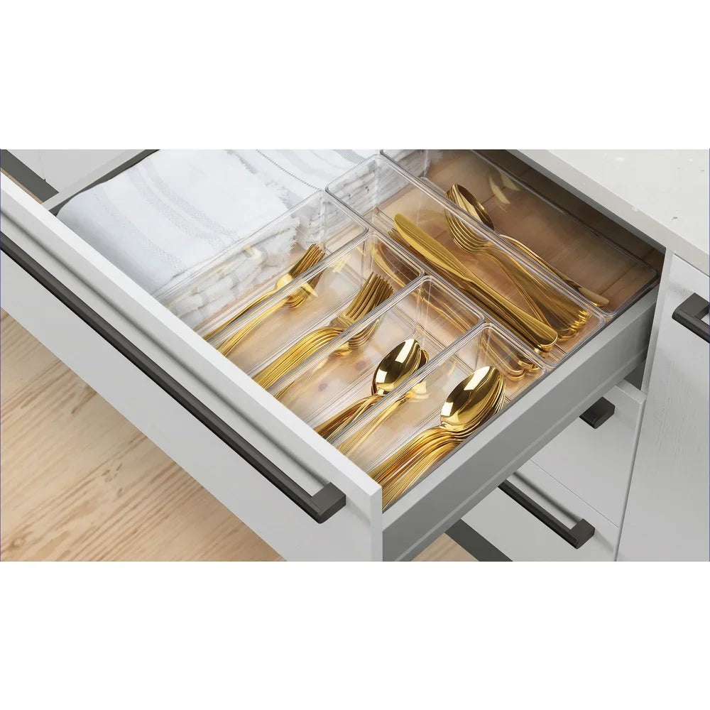 6 Piece Kitchen Drawer Organizer Set Modular Storage Bins BPA Free Clear Plastic Utensil Organization Solution