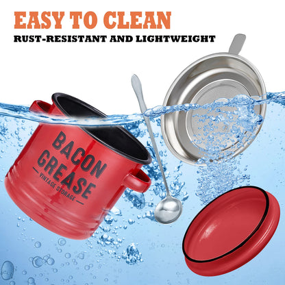 Bacon Grease Container with Strainer - Large 46OZ Red Kitchen Oil Storage Can, Food Saver Bin with Lid | Farmhouse Cooking Pot