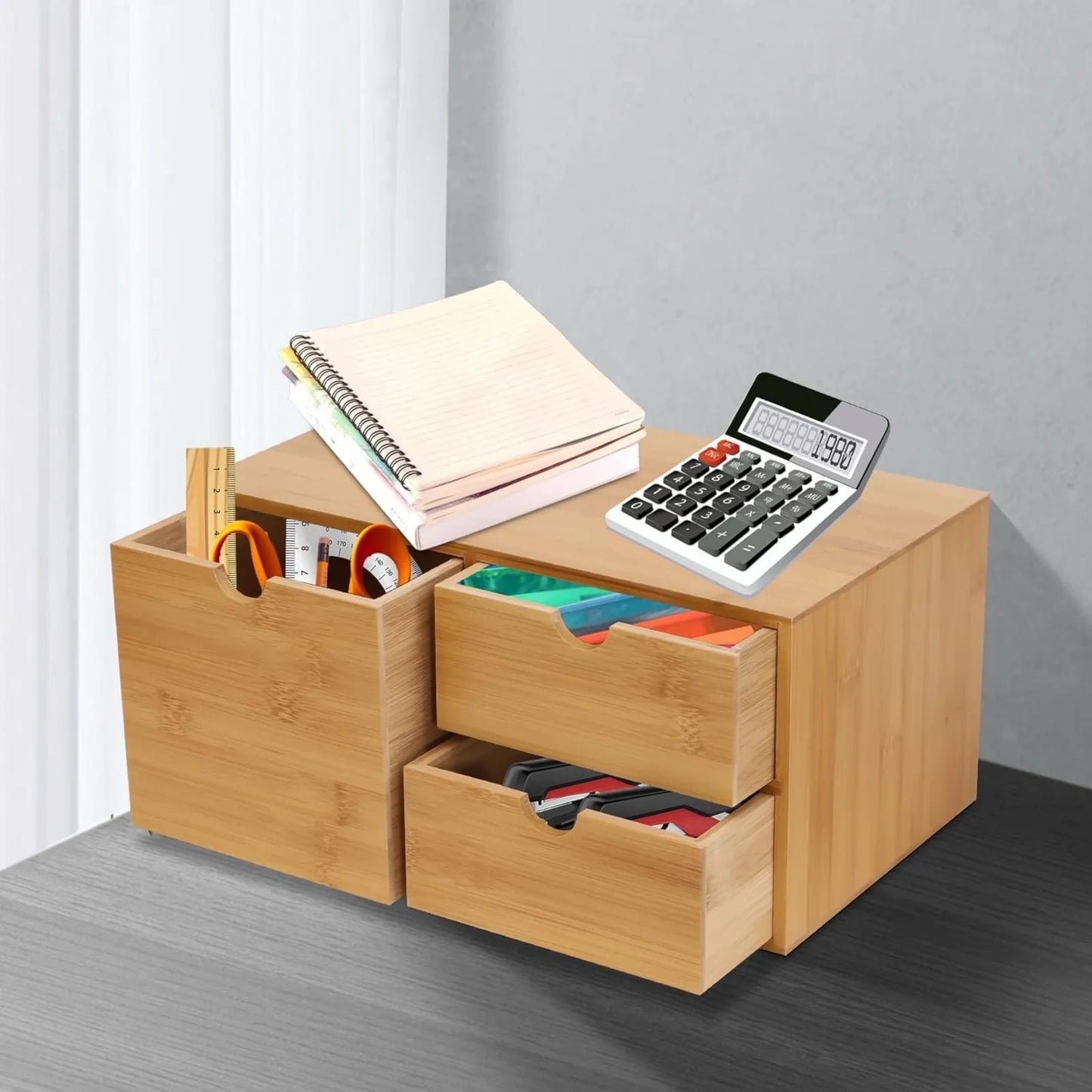 Desktop Drawers, Bamboo Desk Organizer Drawer, Tabletop Storage Organization Box, Recess Handles, Flat Top for Office Home