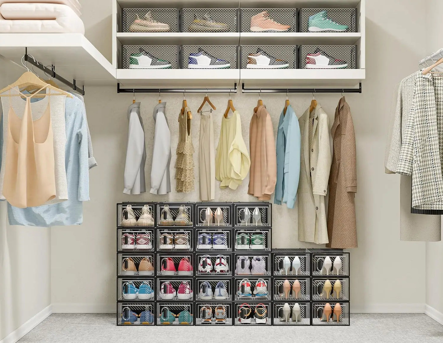 Clear Stackable Shoe Box Organizer with Lids, 12 Pack for Closet Storage, Fits Size 10 Shoes