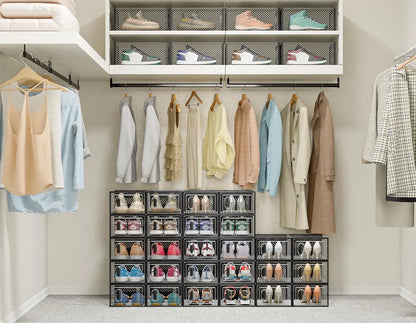 Clear Stackable Shoe Box Organizer with Lids, 12 Pack for Closet Storage, Fits Size 10 Shoes