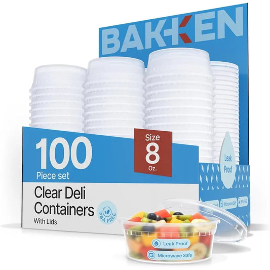 Bakken Plastic Deli Containers with Lids 8oz 100 Pack Leak-Proof Food Storage for Soup Meal Prep Slime Stackable Freezer Microw