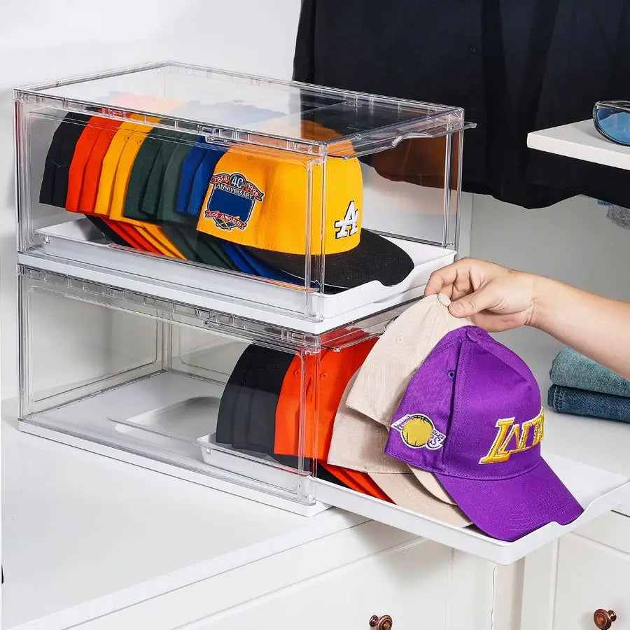 2 Pack Hat Organizer for Baseball Caps, Clear Hats Holder Box with Drawer, Large Cap Storage with Sliding Tray, Stackable Rack