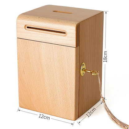 Piggy Banks for Adults, Solid Wood Money Bank, Walnut Handmade Money Saving Box with Lock, Wooden Safe Coin Jar, Home Decoration