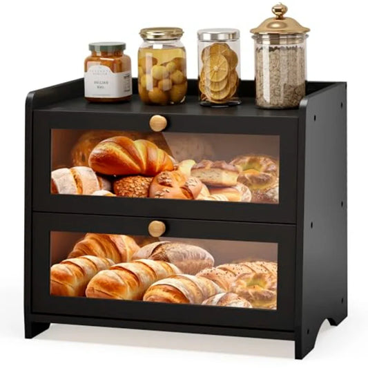 Double Layer Bread Box for Kitchen Countertop with Acrylic Door Wooden Farmhouse Bread Holder
