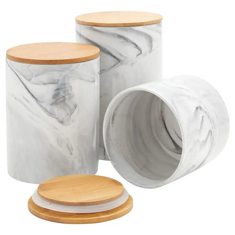 Ceramic Jar Set Airtight Wood Lids for Kitchen Countertop Jars White Marble Ceramic