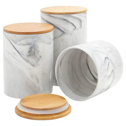 Ceramic Jar Set Airtight Wood Lids for Kitchen Countertop Jars White Marble Ceramic