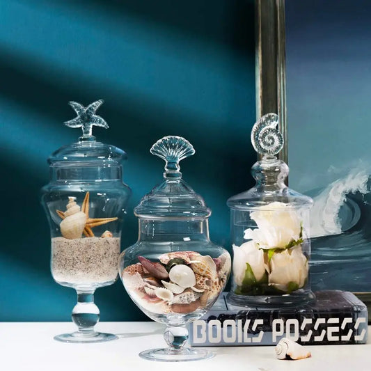 Clear Glass Apothecary Jars with Lid, Decorative Seashell Design Bathroom Canister, Footed Candy Buffet Containers, Set of 3