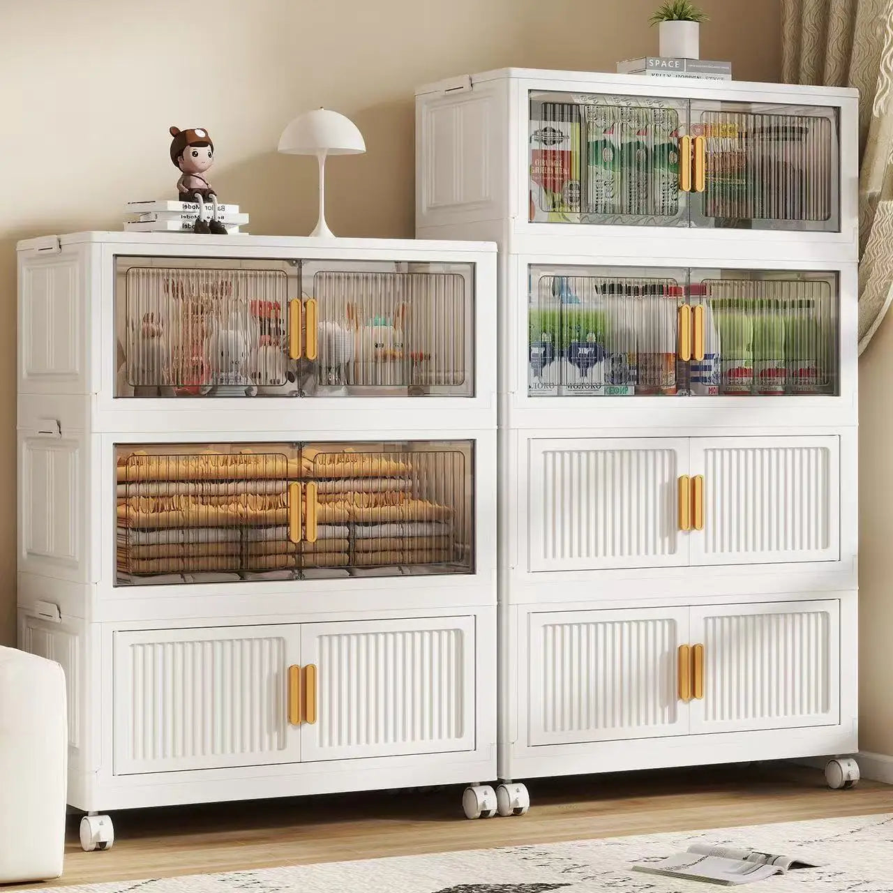 Oversized 3-5 Tier Foldable Storage Cabinet with Wheels, No Assembly Magnetic Doors Organizer for Living Room, Bedroom & Office