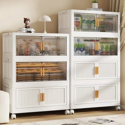 Oversized 3-5 Tier Foldable Storage Cabinet with Wheels, No Assembly Magnetic Doors Organizer for Living Room, Bedroom & Office
