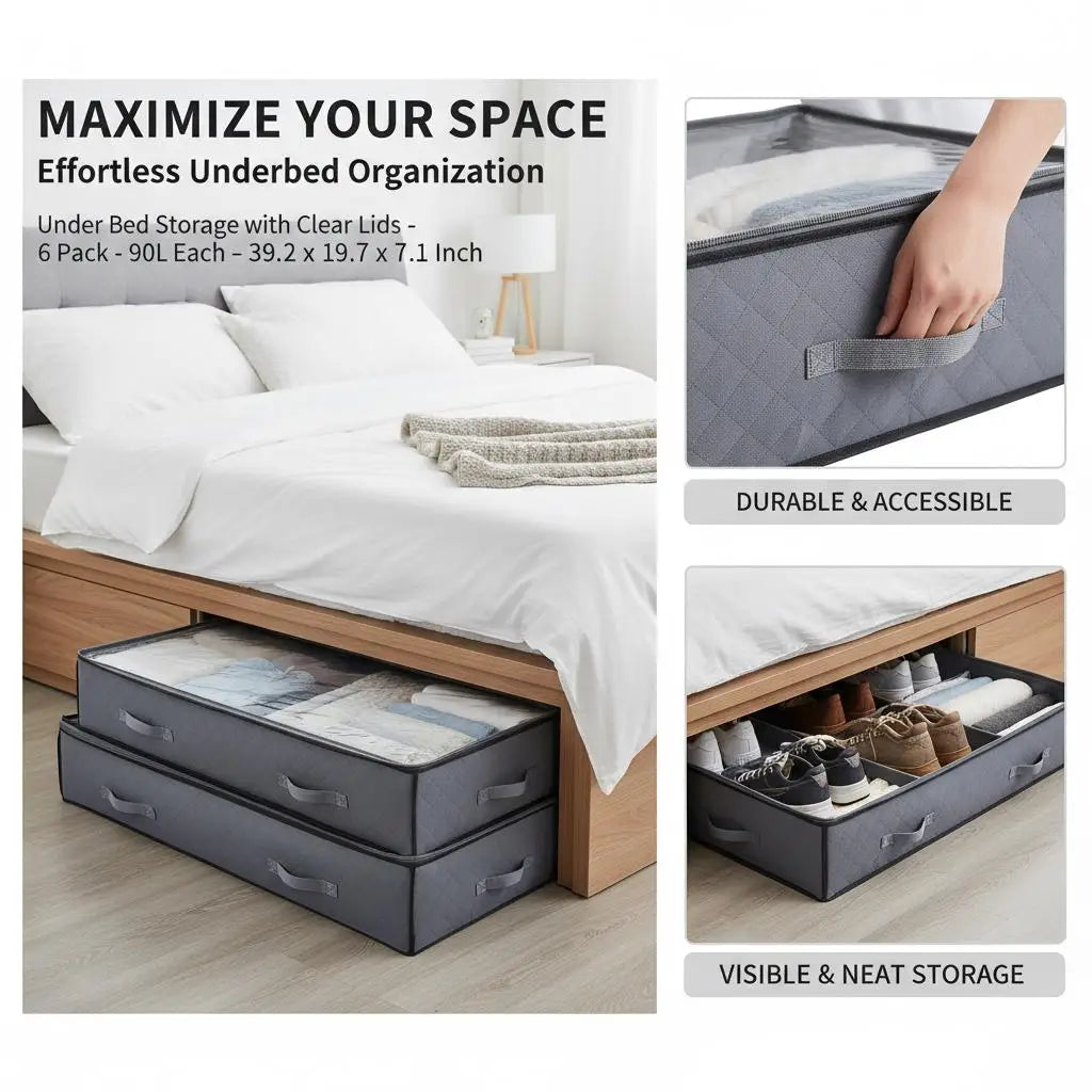 Underbed Storage Containers 39.2 x 19.7 x 7.1 Inch For Bedroom Dormitory Closet, 90L Capacity Low Profile Drawer Design Trans