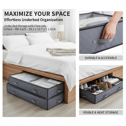 Underbed Storage Containers 39.2 x 19.7 x 7.1 Inch For Bedroom Dormitory Closet, 90L Capacity Low Profile Drawer Design Trans