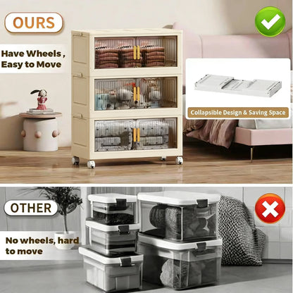 Collapsible Sturdy Storage Cabinet with Drawers and Wheels - Roomy Multi-purpose PP Organizer - Durable Storage Shelf