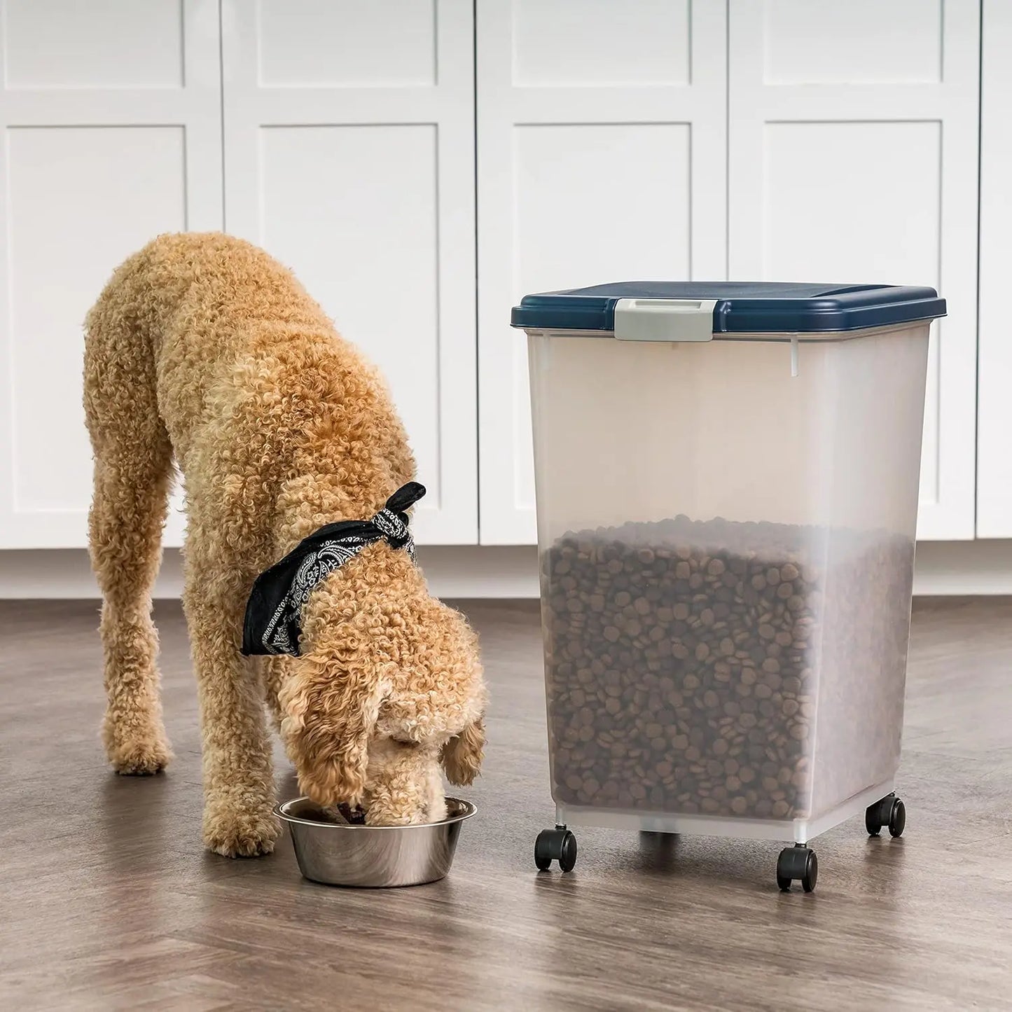 Pet Food Storage Container with Wheels, Airtight Seal for Freshness, Holds Up to 54 Pounds, Translucent Design - Navy