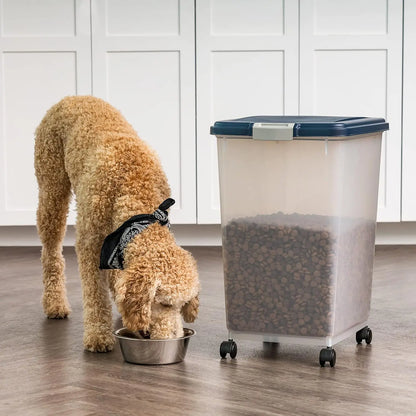 Pet Food Storage Container with Wheels, Airtight Seal for Freshness, Holds Up to 54 Pounds, Translucent Design - Navy