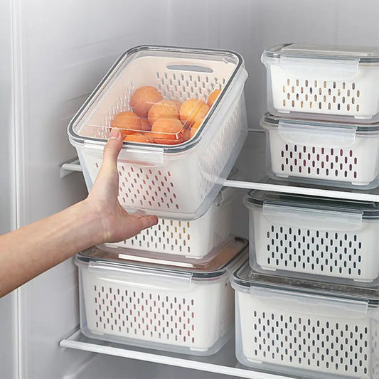 📦 US Warehouse Quick Ship Refrigerator Storage Box, Fridge Organizer with Drain Basket for Fresh Vegetables Fruits