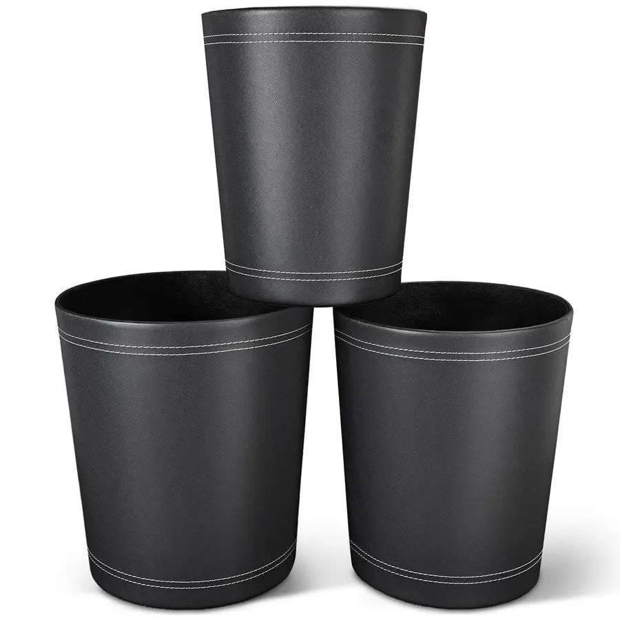 Pack Black Round PU Leather Wastebasket, Trash Basket, Garbage Can Container Bins for Bathrooms