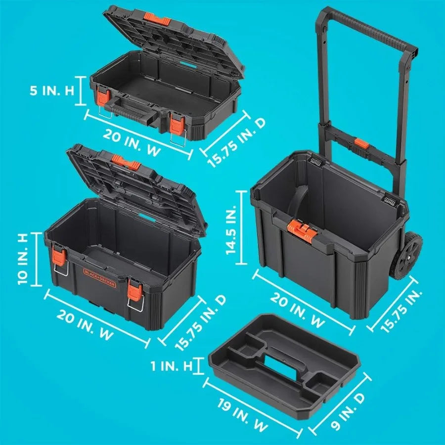 Stackable Storage System - 3 Piece Set Small Deep Toolbox Rolling Tote in Black for Organized Workshop and Garage Use Durable P