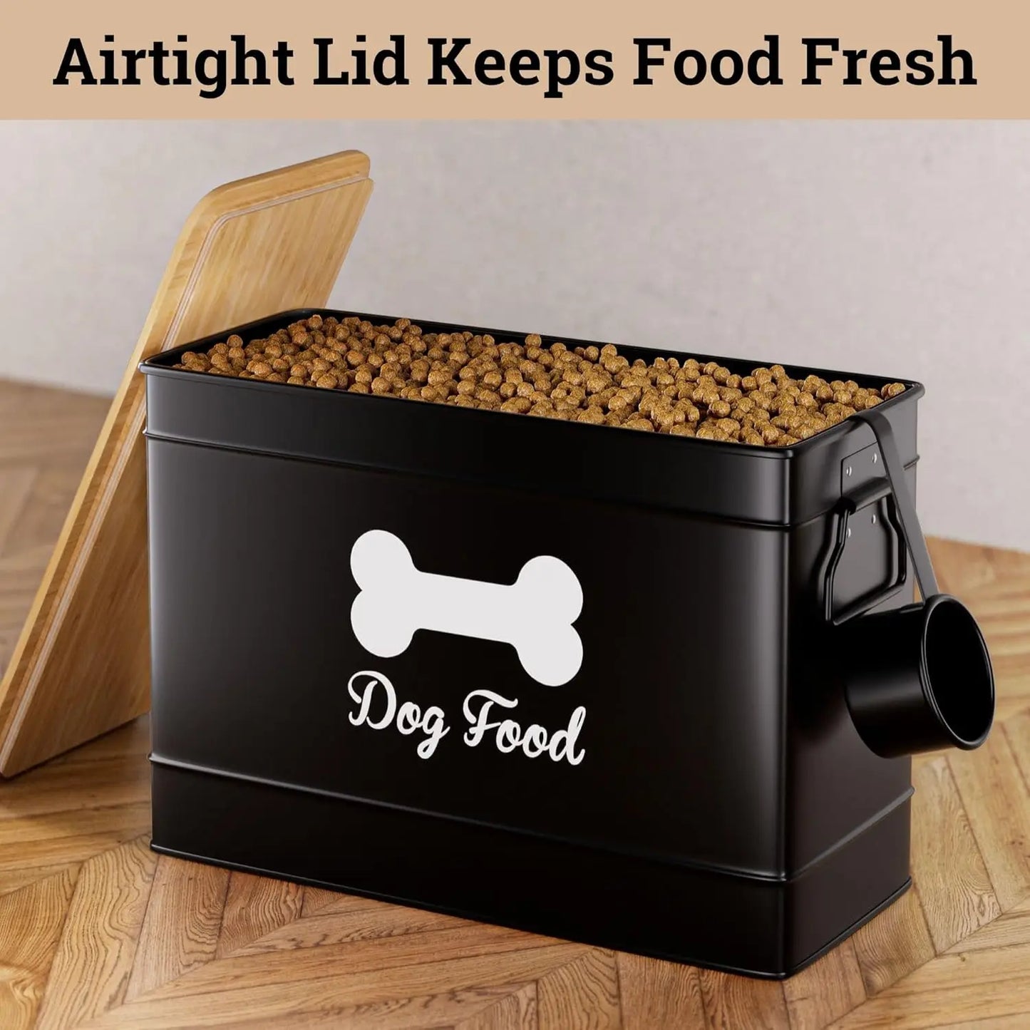 Airtight Dog Food Container with Metal Scoop, 15 lb Capacity, Bamboo Lid for Fresh Storage