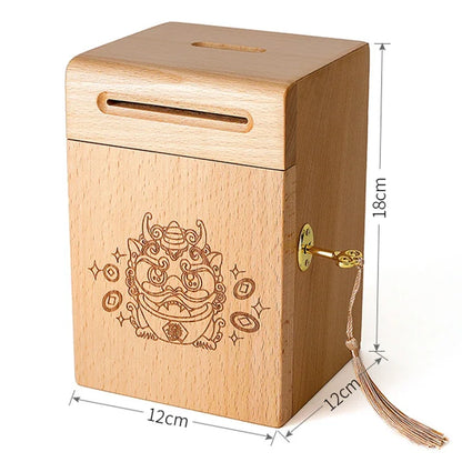 Piggy Banks for Adults, Solid Wood Money Bank, Walnut Handmade Money Saving Box with Lock, Wooden Safe Coin Jar, Home Decoration