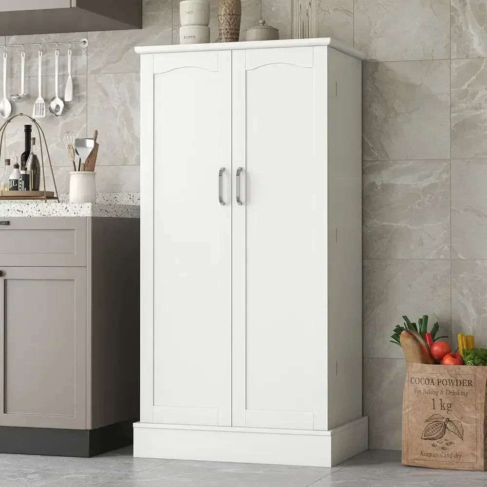 White Freestanding Kitchen Pantry Cabinet with Adjustable Shelves for Dining and Living Rooms