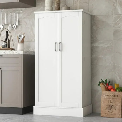 White Freestanding Kitchen Pantry Cabinet with Adjustable Shelves for Dining and Living Rooms