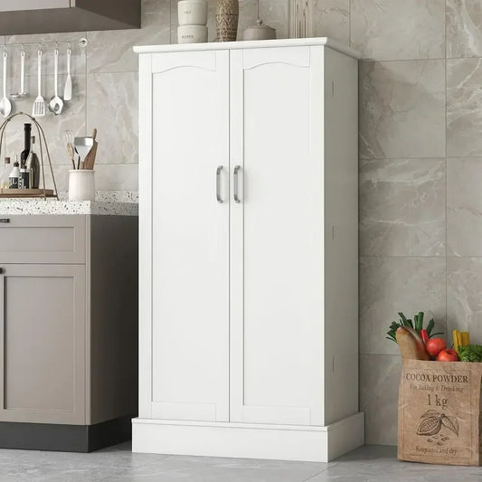 White Freestanding Kitchen Pantry Cabinet with Adjustable Shelves for Dining and Living Rooms
