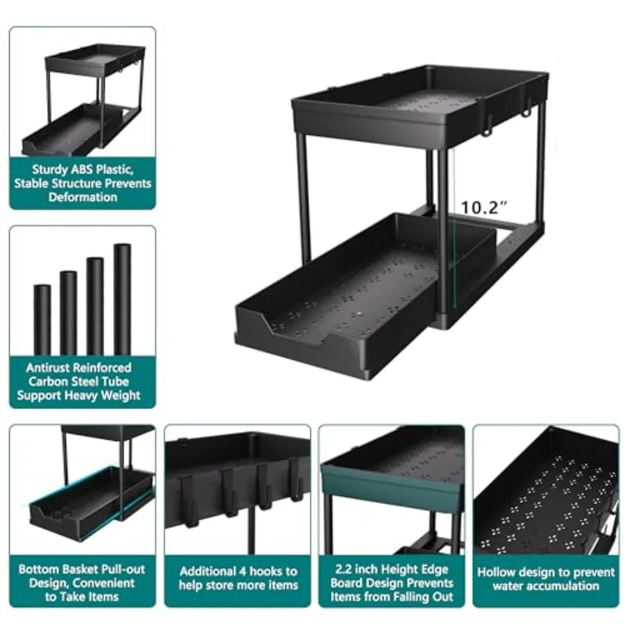 Under Sink Organizer 2 Pack, Bathroom Cabinet Organizer, 2 Tier Sliding Cabinet Basket Organizer Drawer, Multi-Purpose Bath Col